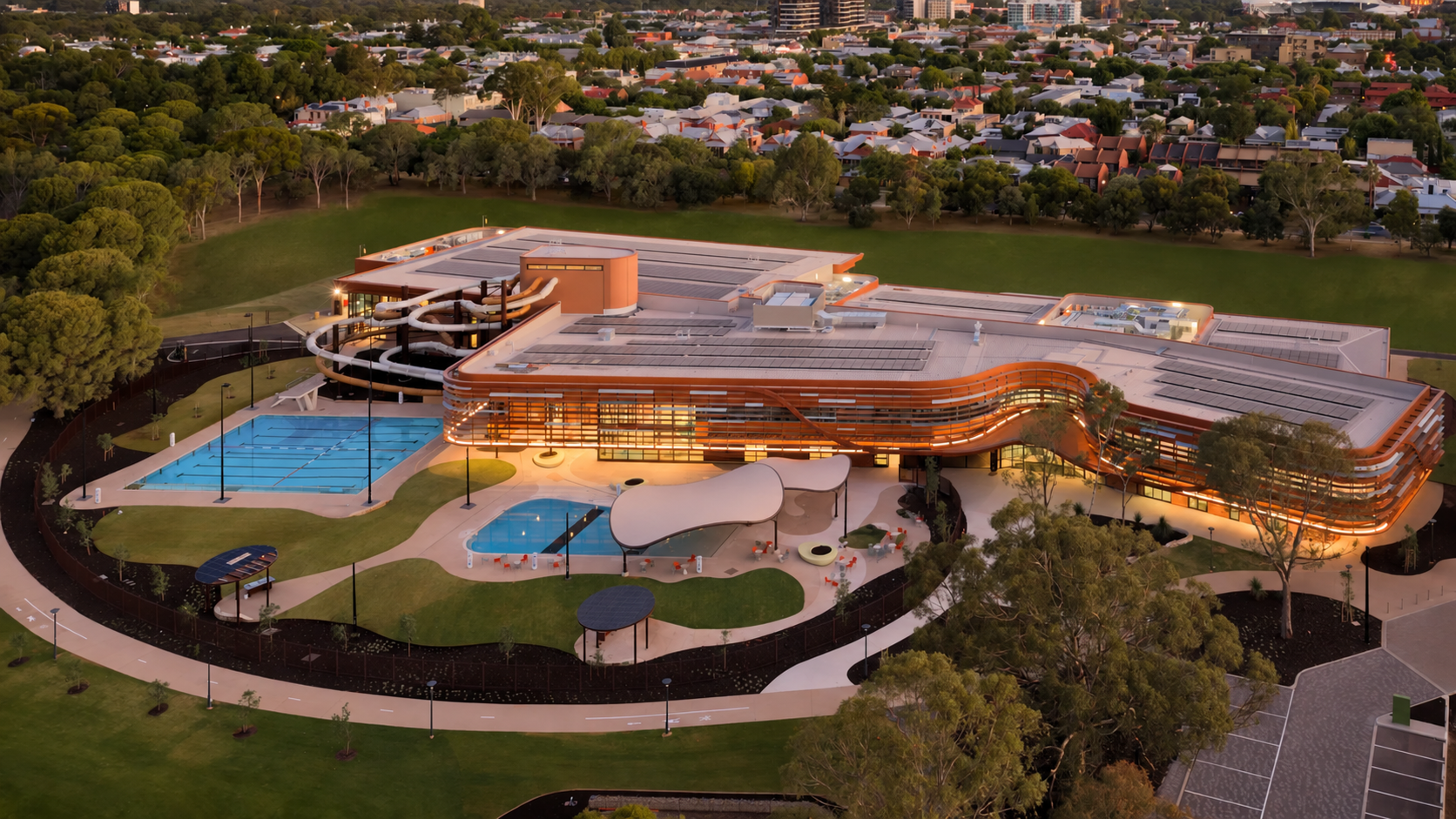 Aerial view of an aquatic centre, featured in MLEI’s project portfolio